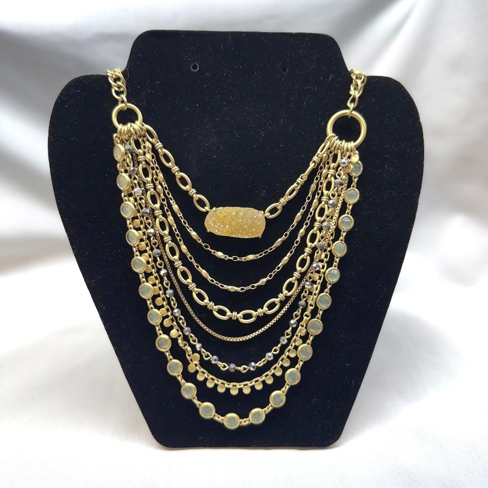 Lucky Brand Layered Bib Necklace Womens OS Gold Druzy Excellent Boho Statement